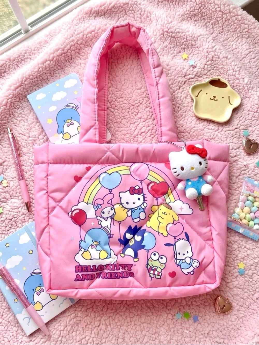 Sanrio Hello Kitty & Friends Pink Quilted Puffer Tote Bag Kawaii Puffy Purse